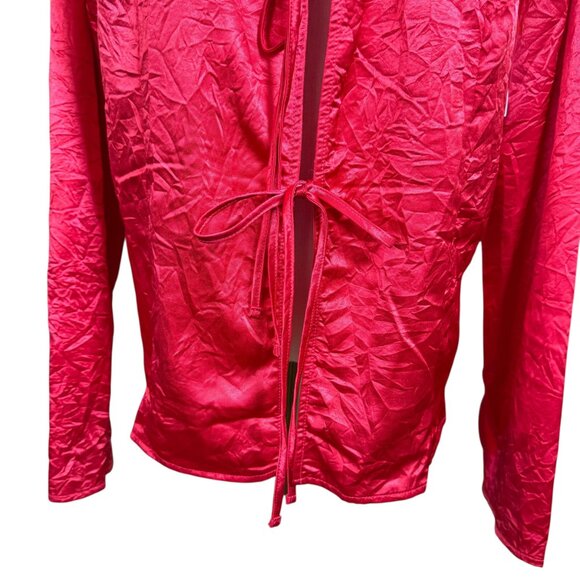 Free People Crushed Satin Tie-Front Blouse in Lipstick Red | Size L | NWT - Picture 7 of 9
